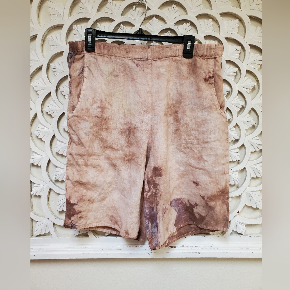 Over-dyed Tie Dye Tea Stained Upcycled Linen Shorts By Flax Petite Size